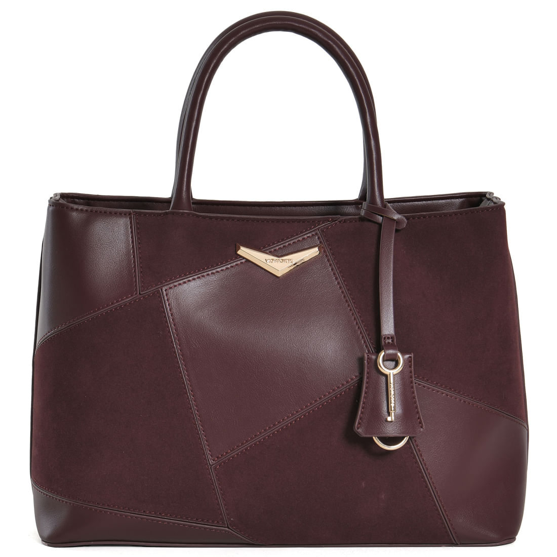 Bolsa tote Via Marte geométrica na cor ameixa com detalhes em PU e camurça, vista frontal